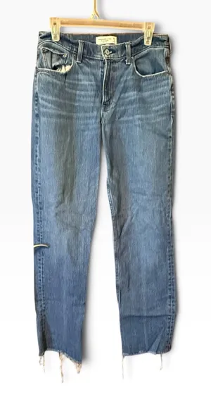 Abercrombie & Fitch Curve Love 90s Straight Mid Rise Jeans 28/6 Blue Distressed thumbnail 1