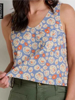 Toad&Co hemp tan Blue Floral Scoop Neck Tank with Orange Accents Size large thumbnail 1