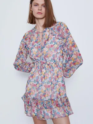 Zara RUFFLED FLORAL PRINT LONG SLEEVE MINI DRESS Size S NEW. thumbnail 5