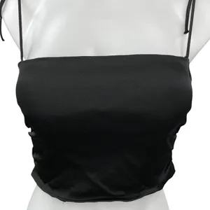 Zara Black Silk Satin Tie Spaghetti Strap Smocked Crop Cami Camisole Tank Top M thumbnail 3