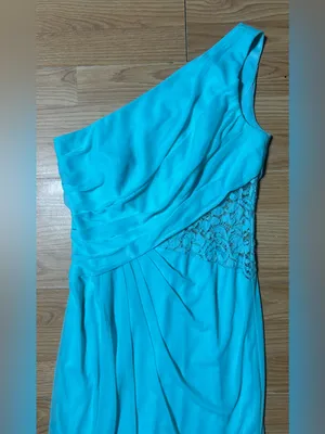 David’s bridal Malibu blue one-shoulder floor length, lace inset @one waistline. thumbnail 3