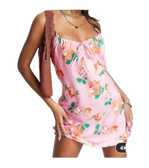 Reclaimed Vintage Pink Rose Satin Mini Dress Tie Back Size US 6 thumbnail 1
