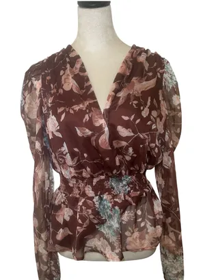 On Twelfth Brown Floral Smocked Peplum Top Long Sleeve V-Neck Large cottage boho thumbnail 1