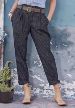 Sundance Amelia Trouser Pant Black White Pinstripe 4 Button Linen Cotton Blend thumbnail 1