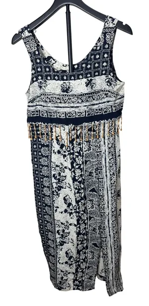 Dawn Joy Fashions Vintage Navy White‎ Batik Beaded Fringe Midi Dress USA Made thumbnail 1