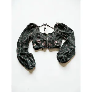 Altar'd‎ State Floral Crop Top Green Pink Rose Balloon Sleeve Lace Up Blouse S thumbnail 2