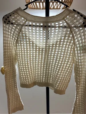 wild fable Cream Open-Knit V-Neck Sweater with Multi-Color Floral Appliqués thumbnail 5