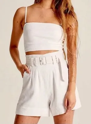 Abercrombie & Fitch Cream Linen Blend High Rise‎ Belted Shorts thumbnail 1