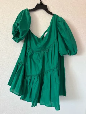 Showpo HARLEEN MINI DRESS Linen Asymmetrical Trim Puff Sleeve Dress In Green 10 thumbnail 4