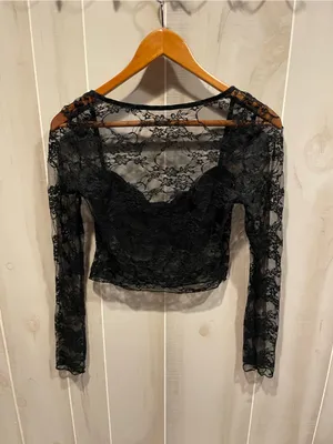Source Unknown Cute black lace crop long sleeve sweetheart neck distressed top goth costume thumbnail 2