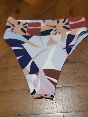 aerie High-Cut Bikini Bottoms in Light Blue, Navy & Pink Leaf Print thumbnail 3