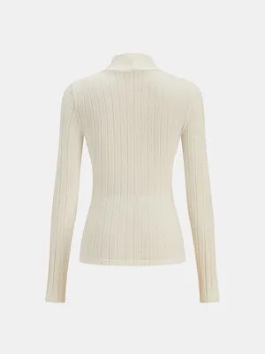 Commense Mock Neck Ribbed Knit Top Apricot Cream XL Stretch Long Sleeve NWT thumbnail 3