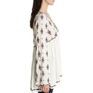 Free People Embroidered Diamond Top Mini Dress Cream Burgundy size S thumbnail 4
