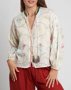 Zara Embroidered Tassel Tie Ivory Peasant Blouse L thumbnail 1