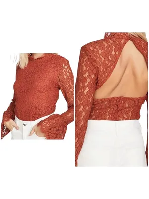 Endless Rose Bodysuit Women Small Orange Lace Cutout‎ Back Long Bel Sleeve NWT thumbnail 2