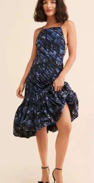 Let Me Be Blue Printed Asymmetrical Ruched Polyester Midi Dress Sz XS Boho Chic thumbnail 1