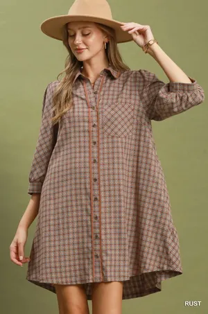 Umgee Plaid Button Down Oversized Shirt Dress - Rust - Medium thumbnail 1