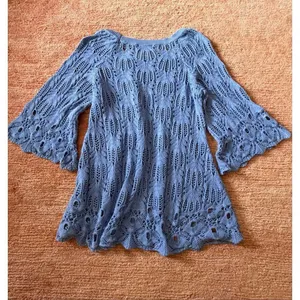 Nouveaux Blue Open Knit Lace Sweater Size L Bell Sleeve Cotton Boho thumbnail 7