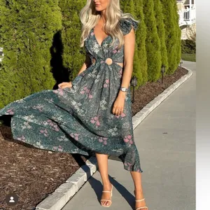 Elliatt kristen green floral‎ ruffle detail maxi cut out dress Small thumbnail 2