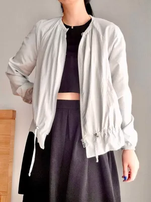Zara Light Gray drawstring tie front peplum  Bomber windbreaker Jacket thumbnail 4
