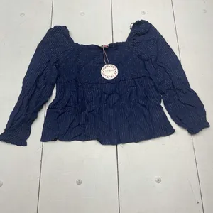 NWT Umgee Blue with Gold Metallic Stripes Smocked Babydoll Top Celestial Boho L thumbnail 4