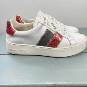 Michael Kors Poppy White Red Snakeskin Logo Platform Sneakers AN20L Womens 7.5M thumbnail 4