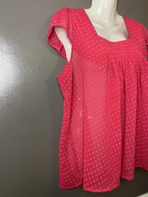 Worthington Shirt Womens XL Pink Flutter Sleeve Swiss Dot Square Neck Blouse thumbnail 2