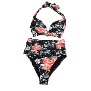 Cupshe Bikini Set Womens Medium Black Floral‎ High Waisted Halter Swimsuit NWT thumbnail 10