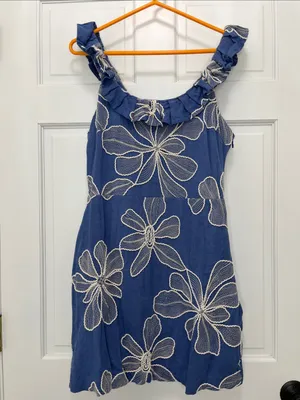 Loft Blue w/ Creme Floral Embroidered Ruffle Neckline Mini Dress - Size 10 thumbnail 2