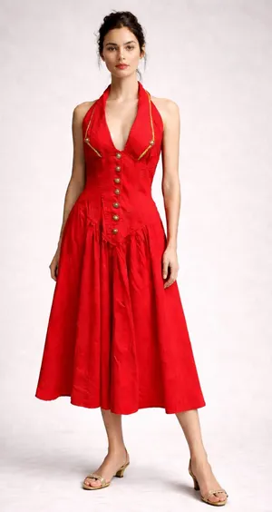 Vintage 90s Karen Alexander red w gold braid and buttons halter dress full skirt thumbnail 1