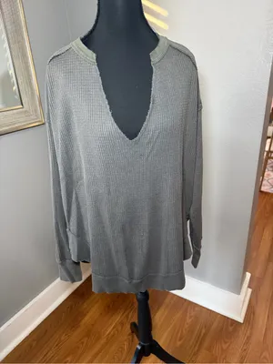We The Free Owen Waffle Knit V Neck Boho Elbow Patch Top Grey Small. thumbnail 2