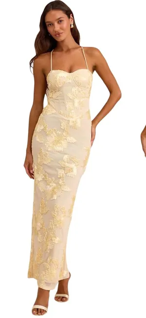 Lulus Nantessa Light Yellow Floral Applique Lace-Up Maxi Dress size XS NWT thumbnail 1