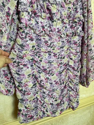 ASTR The Label Floral Ruched Puff Sleeve Mini Dress Purple Sz L Fairy Whimsical thumbnail 14