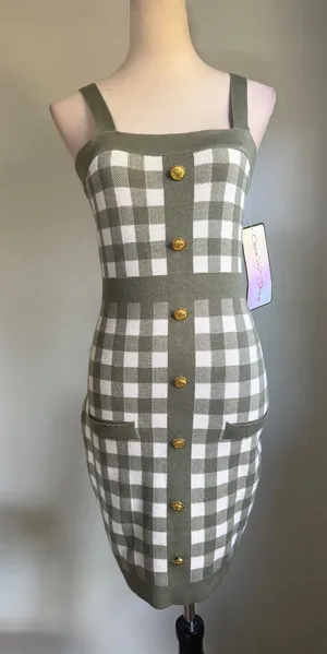 Coco and Shay Olive Green Gingham Knit Bodycon Dress Gold Buttons M NWT dainty thumbnail 1