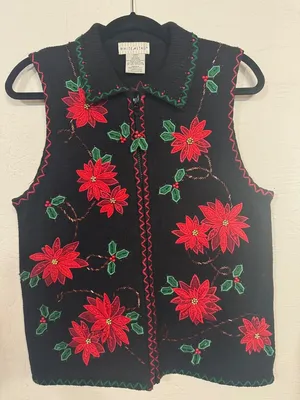 Vtg Women Ugly Christmas Sweater Vest Zip Up Poinsettia Embroidered Beaded 4/6 thumbnail 11
