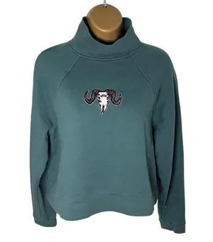 A New Day Mock Neck Cropped Sweatshirt Ram Skull Patch Dark Teal S thumbnail 1