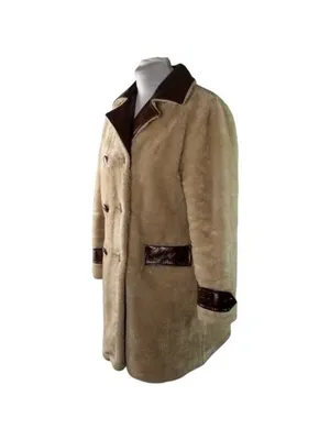 Vintage Fingerhut Fashions Fur Leather Coat Double Breasted Buttons Beige Sz 12 thumbnail 9