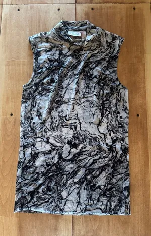 Willow + Root Womens Marble Print Sheer Mesh Mock Neck Sleeveless‎ Top Black L thumbnail 1