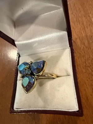 Adjustable Gold-Tone Ring with Iridescent Purple-Blue Teardrop Stones thumbnail 2