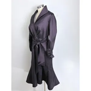 Tadashi Collection 14 Dark Purple Satin Wrap Midi Dress Ruched Cuffs thumbnail 4