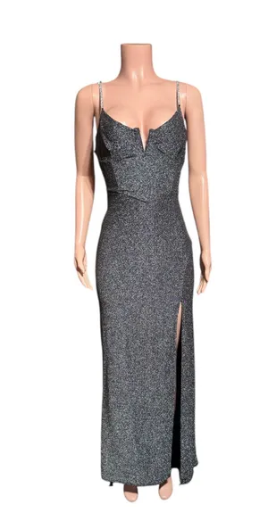 Black sparkly maxi dress with plunging neckline and side split #glamour M thumbnail 1