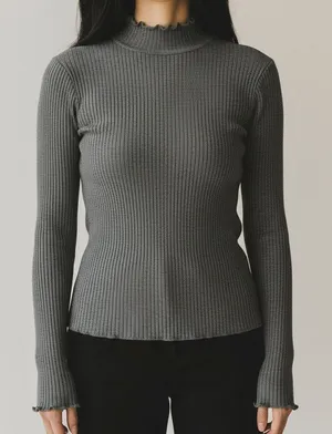 ZARA Ruffled Mock Neck Ruffle Longsleeve Rib Knit Stretch Cotton Sweater M Grey thumbnail 1