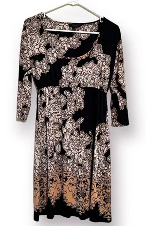 Soma Women’s Round Neck 3/4 Sleeve Knee Length Dress Small Black Cream Floral thumbnail 1
