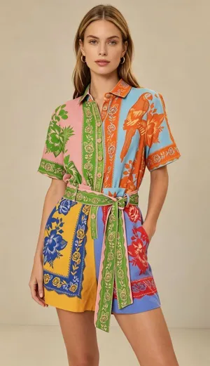 NWT Farm Rio Lace Garden Belted Romper Size M 100% Linen Blend Multicolor thumbnail 1