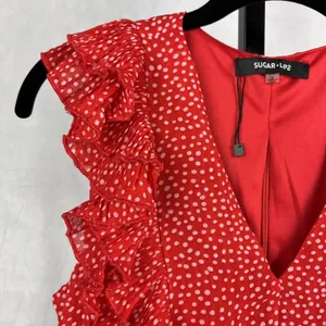 Sugar+Lips Top Womens Small Red Polka Dot Ruffle Crop Zip Up Tie Waist Blouse thumbnail 5