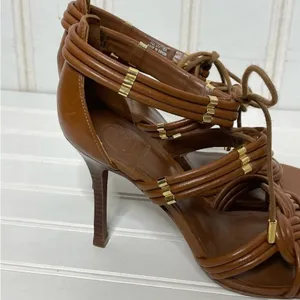 Tory Burch Tan Brown Leather Knotted Strappy Lace Up Stiletto Heels Sandals 9.5M thumbnail 6