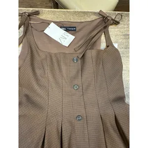 Zara Brown Houndstooth Check Square Neck Pleated A-Line Mini Dress Academia thumbnail 3