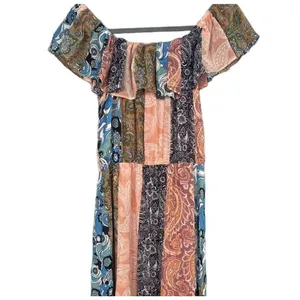 NWOT Sans Souci Off Shoulder Patch Print Maxi Dress Elastic Tie Waist M Tan Blue thumbnail 7