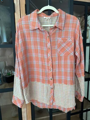 Free People Patchwork flannel button down shirt long sleeve boho raw hem cotton plaid thumbnail 1