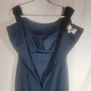 Azazie Dark Navy Off the Shoulder Mermaid Bridesmaid Dress Gown Stretch Satin A6 thumbnail 7